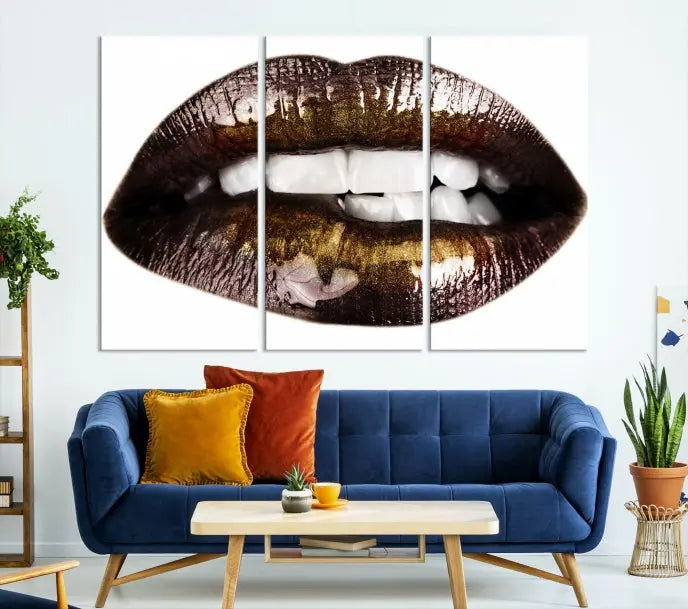 The Close Up Lips Wall Art Canvas Print forms a captivating focal point in this modern living room, showcasing a triptych of glossy, dark lips. Crafted on high-quality polycotton canvas, this piece ensures both durability and vibrant visual appeal.