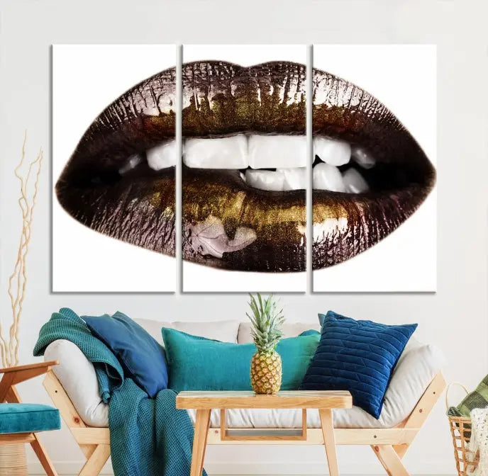 The Close Up Lips Wall Art Canvas Print forms a captivating focal point in this modern living room, showcasing a triptych of glossy, dark lips. Crafted on high-quality polycotton canvas, this piece ensures both durability and vibrant visual appeal.