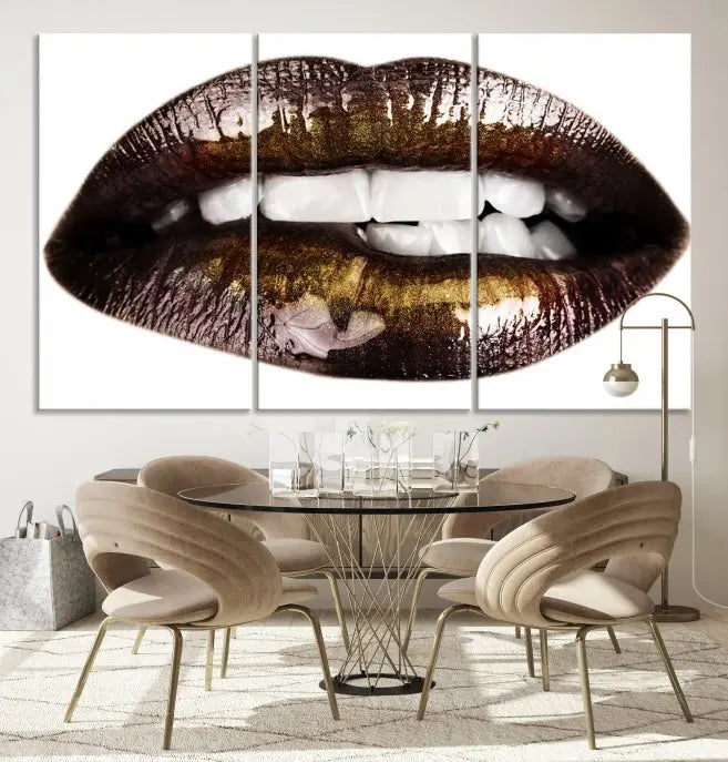 The Close Up Lips Wall Art Canvas Print forms a captivating focal point in this modern living room, showcasing a triptych of glossy, dark lips. Crafted on high-quality polycotton canvas, this piece ensures both durability and vibrant visual appeal.