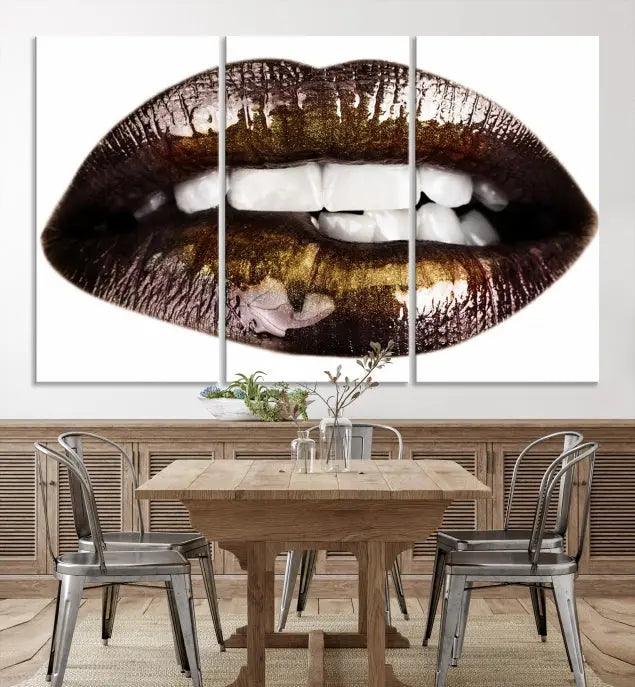 The Close Up Lips Wall Art Canvas Print forms a captivating focal point in this modern living room, showcasing a triptych of glossy, dark lips. Crafted on high-quality polycotton canvas, this piece ensures both durability and vibrant visual appeal.