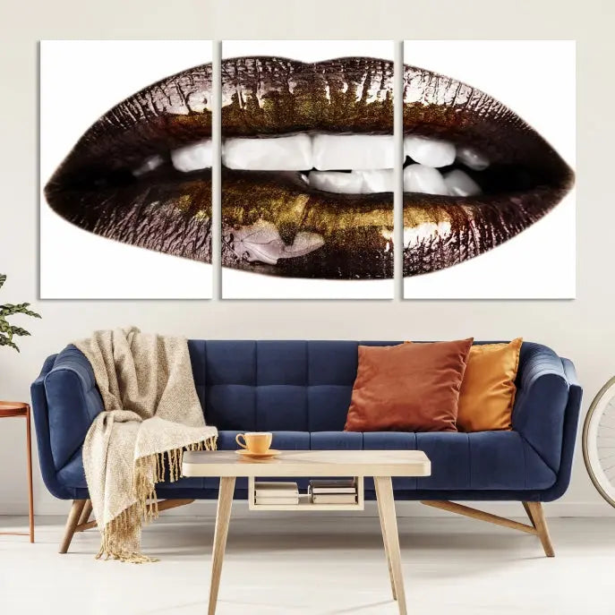 The Close Up Lips Wall Art Canvas Print forms a captivating focal point in this modern living room, showcasing a triptych of glossy, dark lips. Crafted on high-quality polycotton canvas, this piece ensures both durability and vibrant visual appeal.