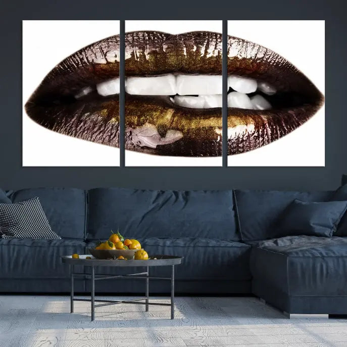 The Close Up Lips Wall Art Canvas Print forms a captivating focal point in this modern living room, showcasing a triptych of glossy, dark lips. Crafted on high-quality polycotton canvas, this piece ensures both durability and vibrant visual appeal.