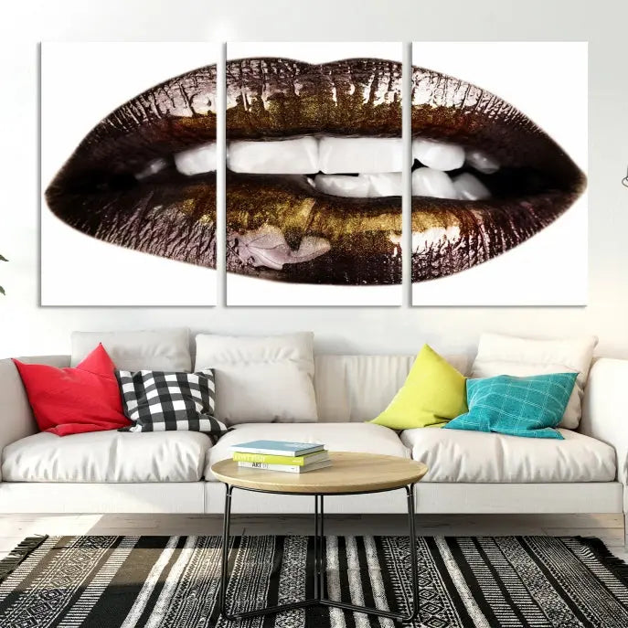 The Close Up Lips Wall Art Canvas Print forms a captivating focal point in this modern living room, showcasing a triptych of glossy, dark lips. Crafted on high-quality polycotton canvas, this piece ensures both durability and vibrant visual appeal.