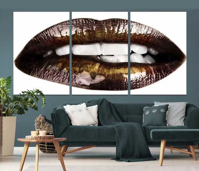 The Close Up Lips Wall Art Canvas Print forms a captivating focal point in this modern living room, showcasing a triptych of glossy, dark lips. Crafted on high-quality polycotton canvas, this piece ensures both durability and vibrant visual appeal.