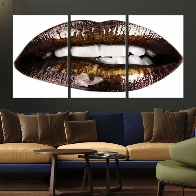 The Close Up Lips Wall Art Canvas Print forms a captivating focal point in this modern living room, showcasing a triptych of glossy, dark lips. Crafted on high-quality polycotton canvas, this piece ensures both durability and vibrant visual appeal.