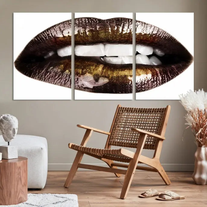 The Close Up Lips Wall Art Canvas Print forms a captivating focal point in this modern living room, showcasing a triptych of glossy, dark lips. Crafted on high-quality polycotton canvas, this piece ensures both durability and vibrant visual appeal.