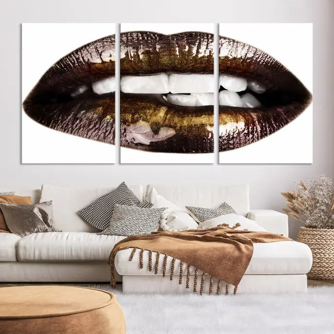 The Close Up Lips Wall Art Canvas Print forms a captivating focal point in this modern living room, showcasing a triptych of glossy, dark lips. Crafted on high-quality polycotton canvas, this piece ensures both durability and vibrant visual appeal.