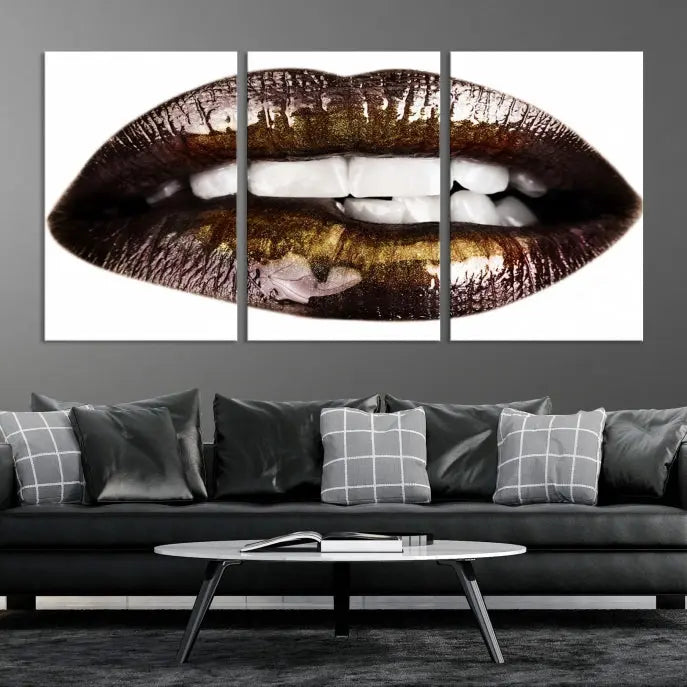 The Close Up Lips Wall Art Canvas Print forms a captivating focal point in this modern living room, showcasing a triptych of glossy, dark lips. Crafted on high-quality polycotton canvas, this piece ensures both durability and vibrant visual appeal.