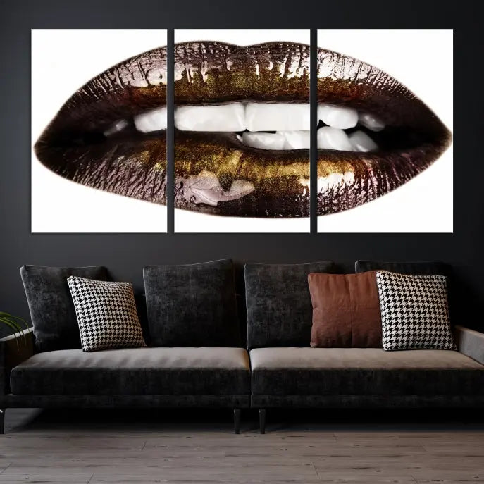 The Close Up Lips Wall Art Canvas Print forms a captivating focal point in this modern living room, showcasing a triptych of glossy, dark lips. Crafted on high-quality polycotton canvas, this piece ensures both durability and vibrant visual appeal.