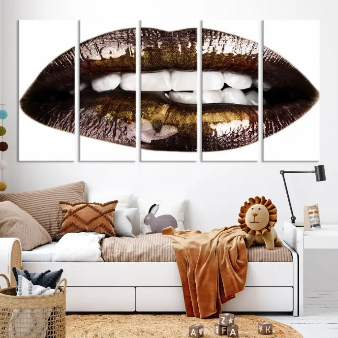 The Close Up Lips Wall Art Canvas Print forms a captivating focal point in this modern living room, showcasing a triptych of glossy, dark lips. Crafted on high-quality polycotton canvas, this piece ensures both durability and vibrant visual appeal.