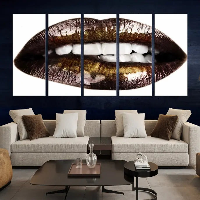 The Close Up Lips Wall Art Canvas Print forms a captivating focal point in this modern living room, showcasing a triptych of glossy, dark lips. Crafted on high-quality polycotton canvas, this piece ensures both durability and vibrant visual appeal.