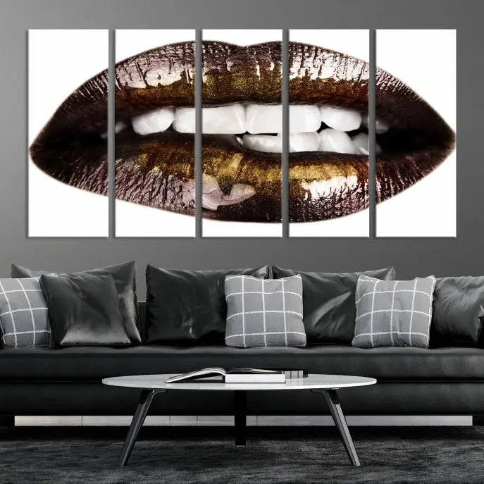 The Close Up Lips Wall Art Canvas Print forms a captivating focal point in this modern living room, showcasing a triptych of glossy, dark lips. Crafted on high-quality polycotton canvas, this piece ensures both durability and vibrant visual appeal.