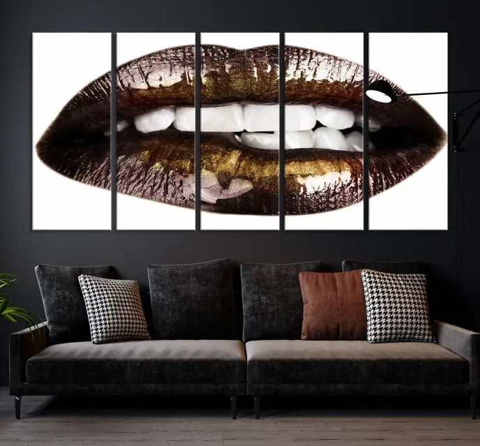 The Close Up Lips Wall Art Canvas Print forms a captivating focal point in this modern living room, showcasing a triptych of glossy, dark lips. Crafted on high-quality polycotton canvas, this piece ensures both durability and vibrant visual appeal.