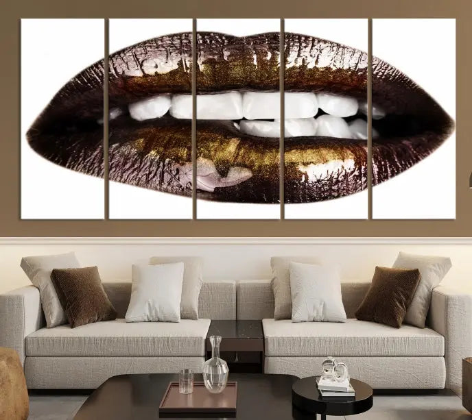 The Close Up Lips Wall Art Canvas Print forms a captivating focal point in this modern living room, showcasing a triptych of glossy, dark lips. Crafted on high-quality polycotton canvas, this piece ensures both durability and vibrant visual appeal.