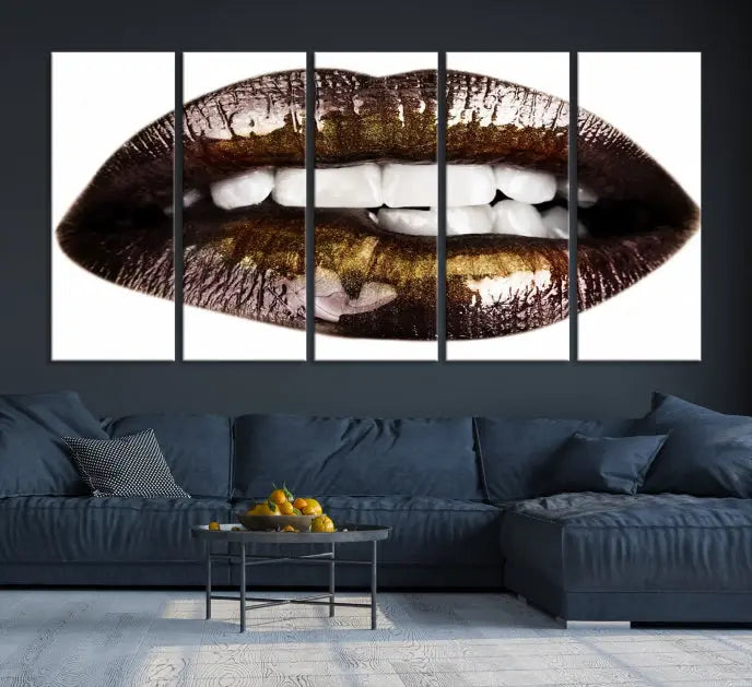 The Close Up Lips Wall Art Canvas Print forms a captivating focal point in this modern living room, showcasing a triptych of glossy, dark lips. Crafted on high-quality polycotton canvas, this piece ensures both durability and vibrant visual appeal.