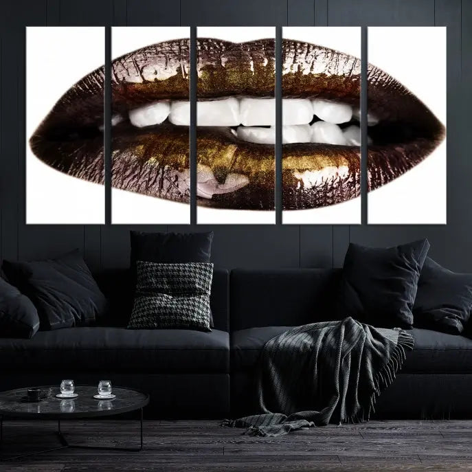 The Close Up Lips Wall Art Canvas Print forms a captivating focal point in this modern living room, showcasing a triptych of glossy, dark lips. Crafted on high-quality polycotton canvas, this piece ensures both durability and vibrant visual appeal.