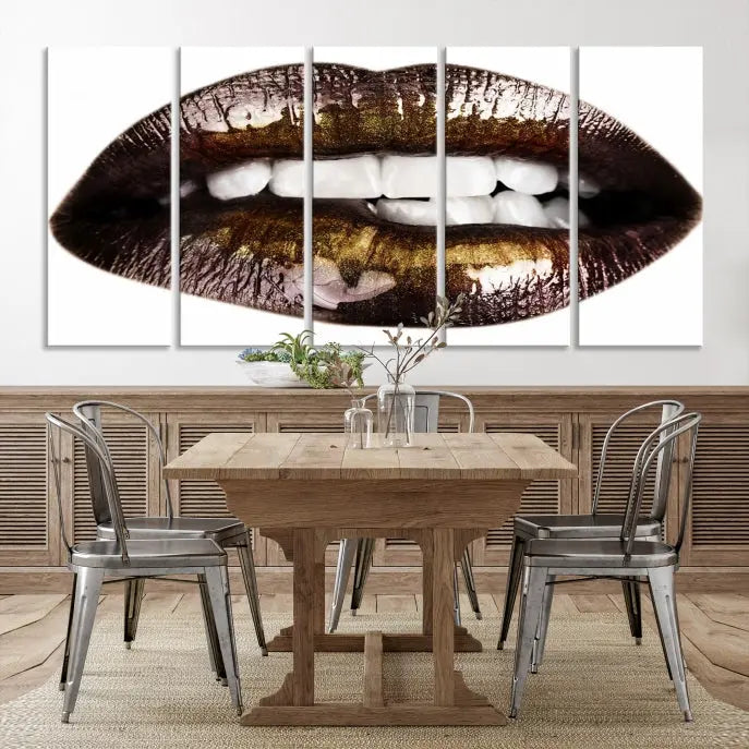 The Close Up Lips Wall Art Canvas Print forms a captivating focal point in this modern living room, showcasing a triptych of glossy, dark lips. Crafted on high-quality polycotton canvas, this piece ensures both durability and vibrant visual appeal.