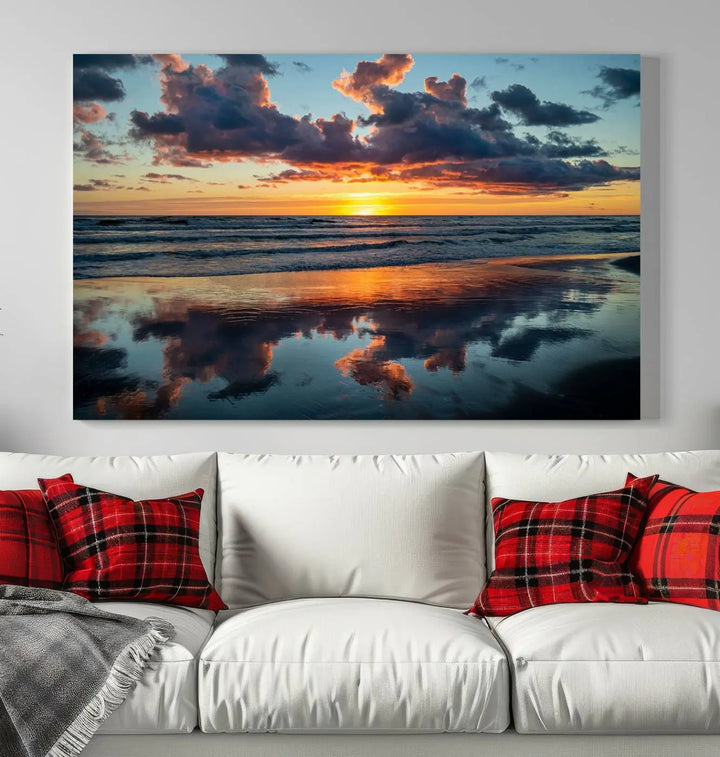 In the living room, the dramatic "Cloudy Weather At The Beach Wall Art Canvas Print" captures an ocean sunset with clouds and reflections on museum-quality canvases crafted in the USA. It features a UV-protective coating to ensure lasting vibrancy.