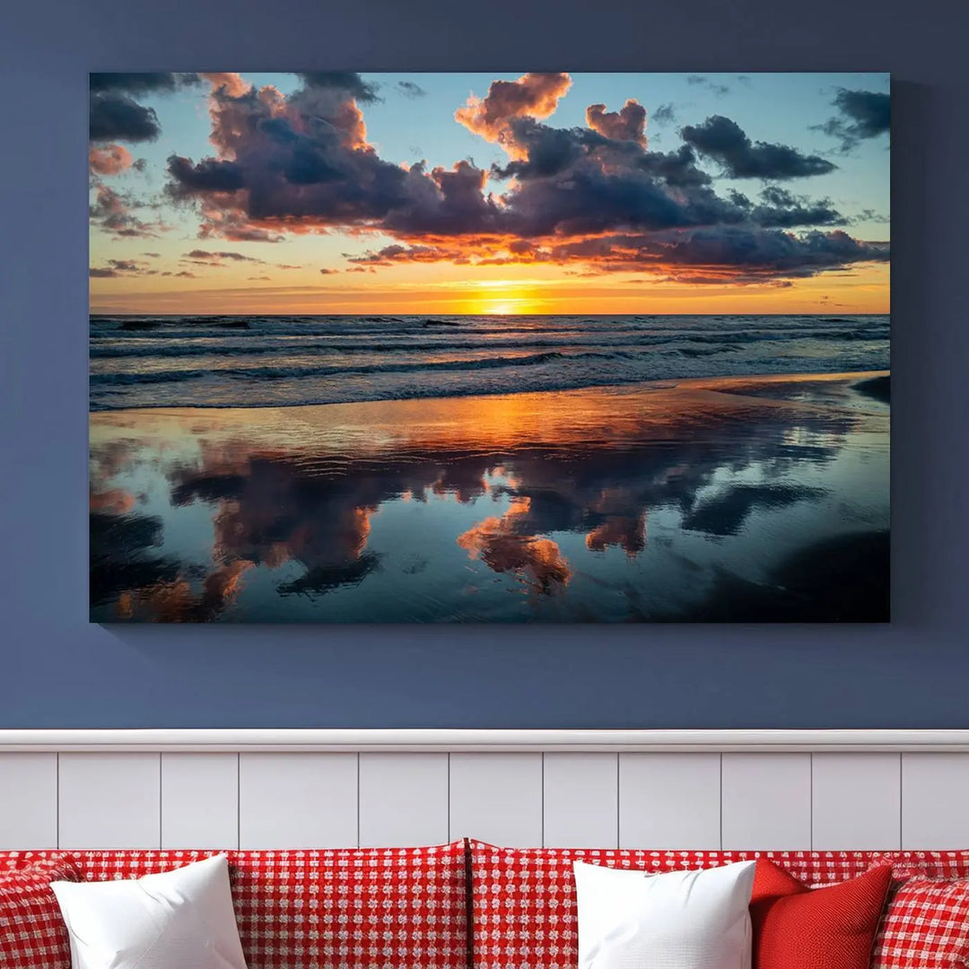 In the living room, the dramatic "Cloudy Weather At The Beach Wall Art Canvas Print" captures an ocean sunset with clouds and reflections on museum-quality canvases crafted in the USA. It features a UV-protective coating to ensure lasting vibrancy.