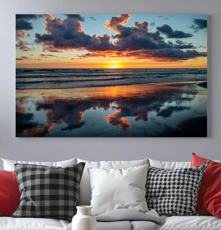 In the living room, the dramatic "Cloudy Weather At The Beach Wall Art Canvas Print" captures an ocean sunset with clouds and reflections on museum-quality canvases crafted in the USA. It features a UV-protective coating to ensure lasting vibrancy.