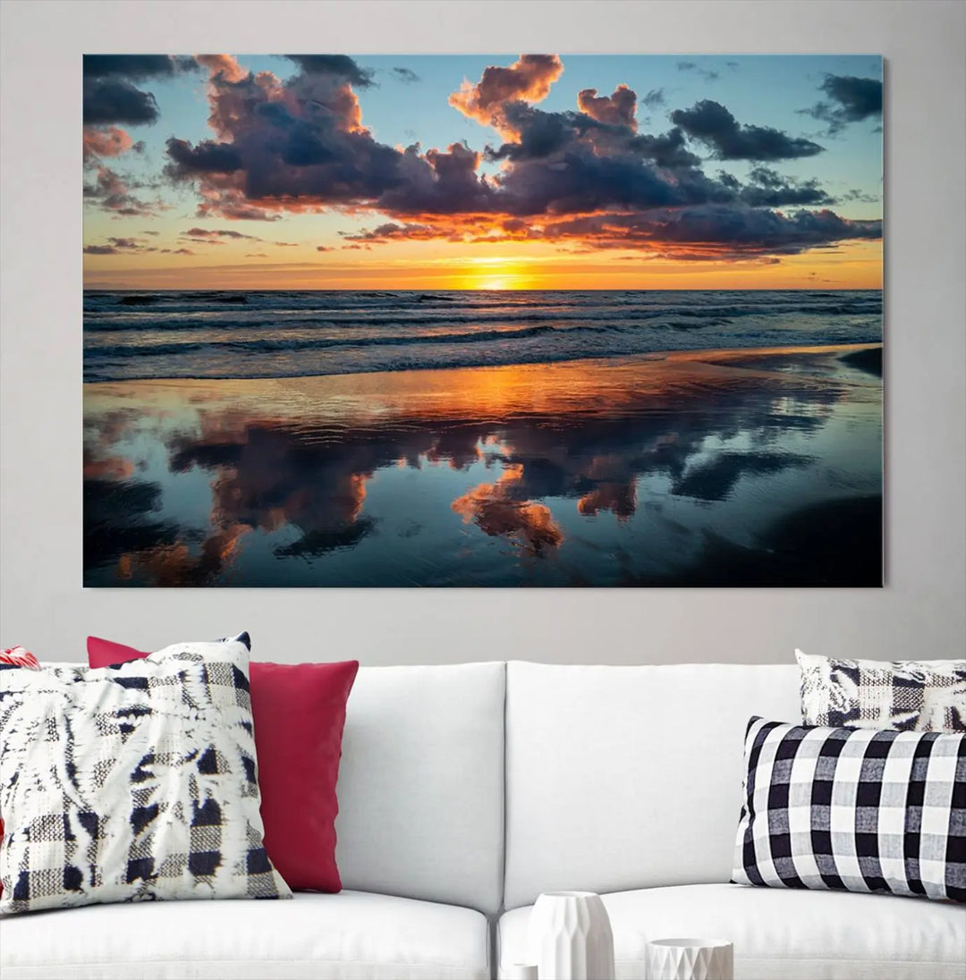 In the living room, the dramatic "Cloudy Weather At The Beach Wall Art Canvas Print" captures an ocean sunset with clouds and reflections on museum-quality canvases crafted in the USA. It features a UV-protective coating to ensure lasting vibrancy.