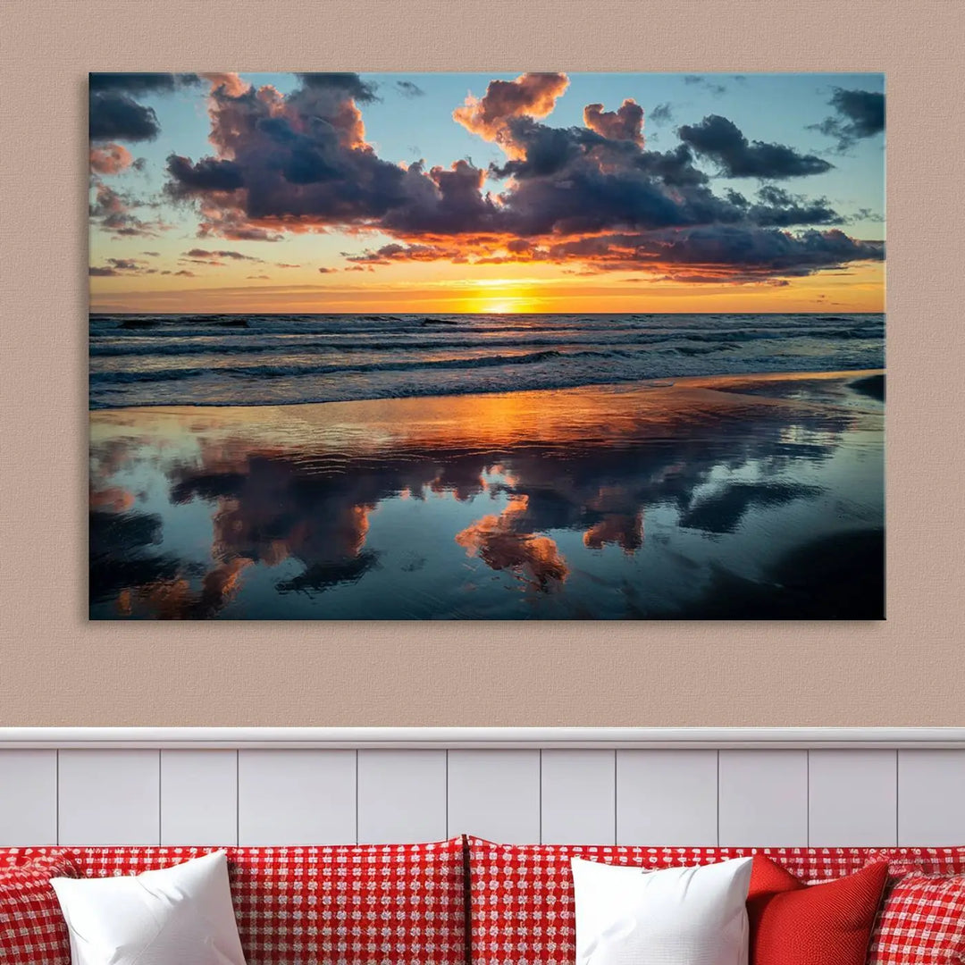 In the living room, the dramatic "Cloudy Weather At The Beach Wall Art Canvas Print" captures an ocean sunset with clouds and reflections on museum-quality canvases crafted in the USA. It features a UV-protective coating to ensure lasting vibrancy.