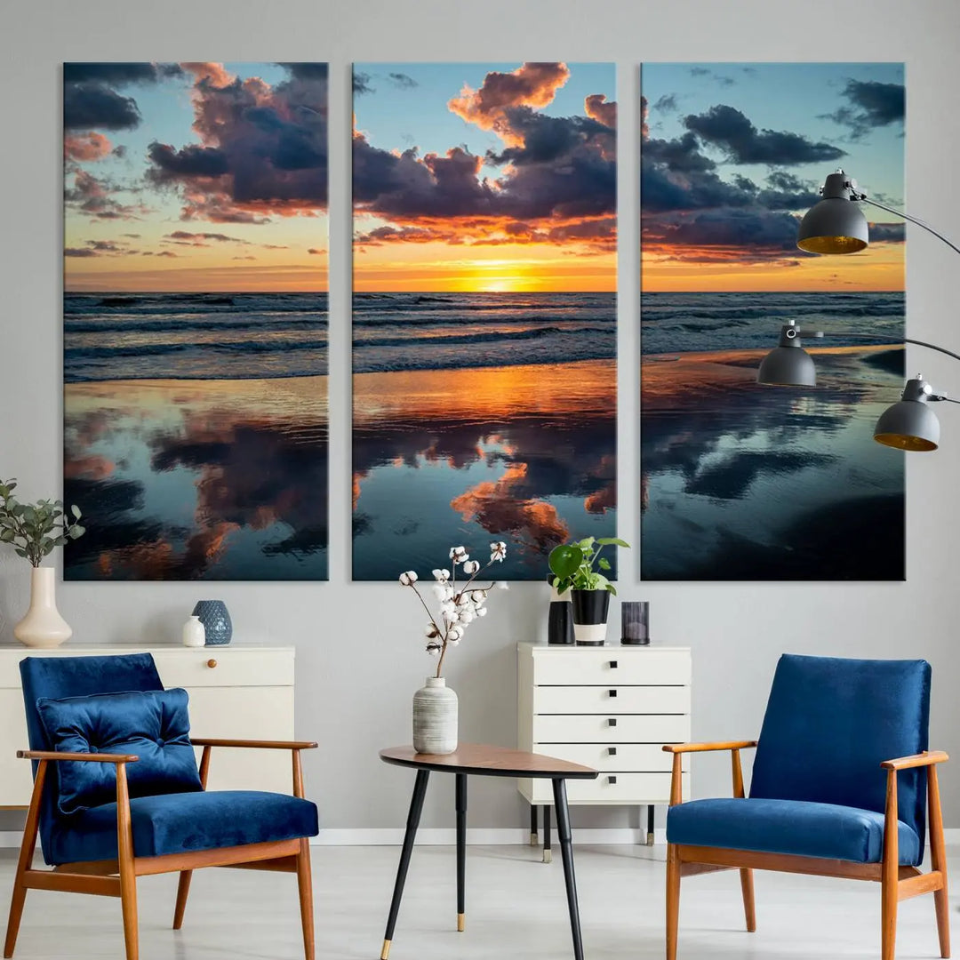 In the living room, the dramatic "Cloudy Weather At The Beach Wall Art Canvas Print" captures an ocean sunset with clouds and reflections on museum-quality canvases crafted in the USA. It features a UV-protective coating to ensure lasting vibrancy.