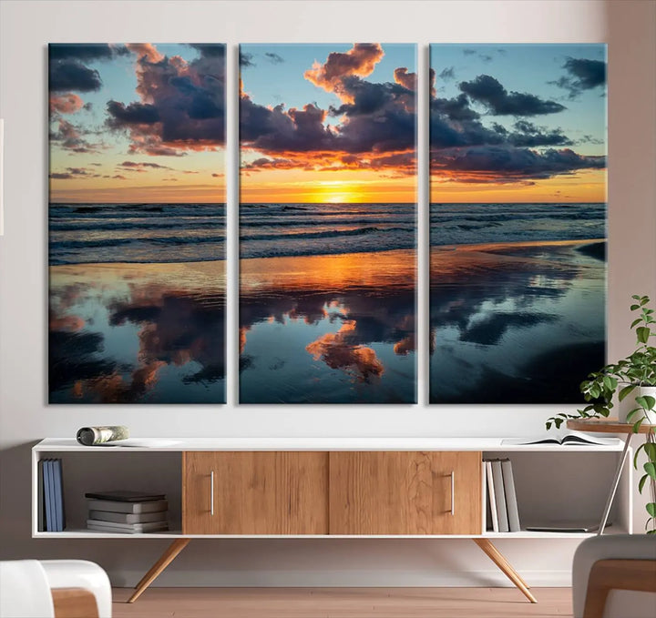 In the living room, the dramatic "Cloudy Weather At The Beach Wall Art Canvas Print" captures an ocean sunset with clouds and reflections on museum-quality canvases crafted in the USA. It features a UV-protective coating to ensure lasting vibrancy.