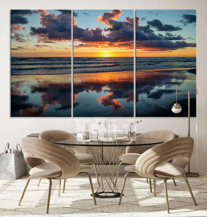 In the living room, the dramatic "Cloudy Weather At The Beach Wall Art Canvas Print" captures an ocean sunset with clouds and reflections on museum-quality canvases crafted in the USA. It features a UV-protective coating to ensure lasting vibrancy.