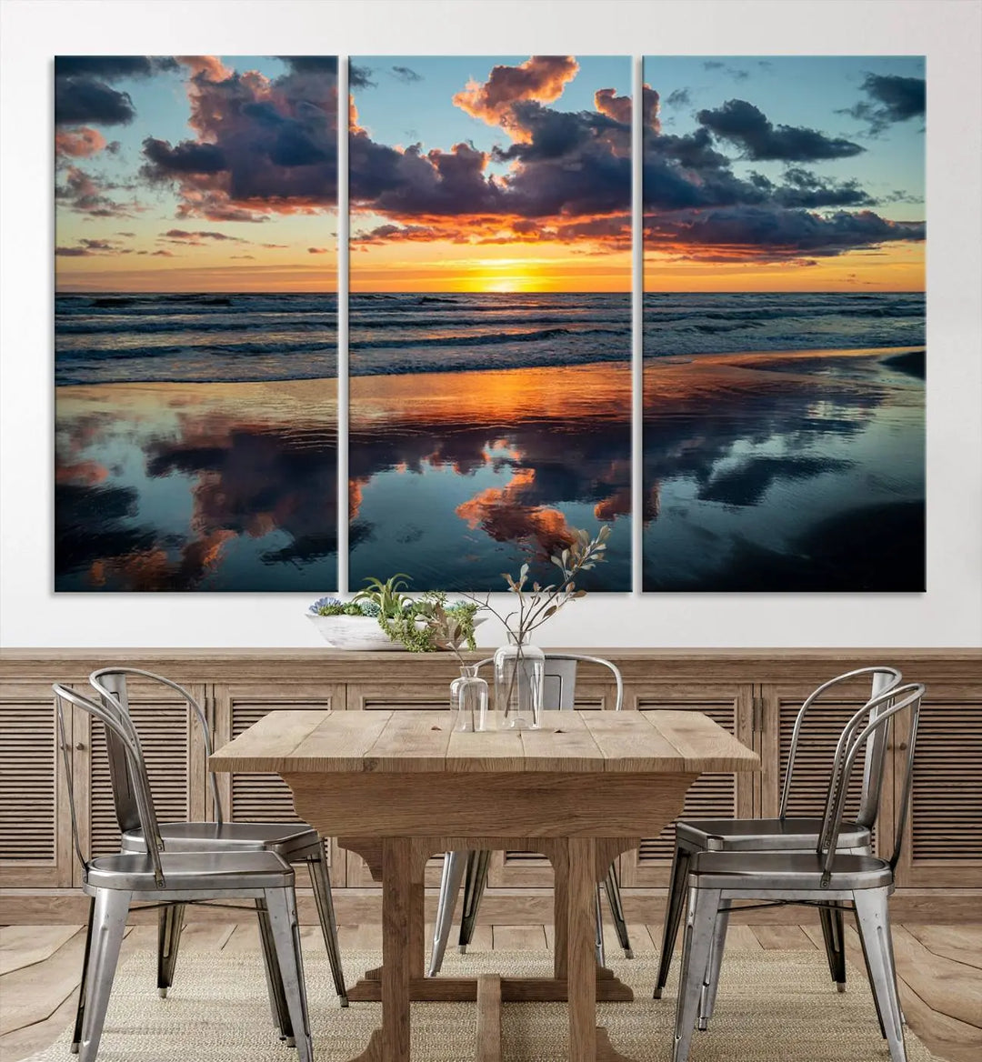 In the living room, the dramatic "Cloudy Weather At The Beach Wall Art Canvas Print" captures an ocean sunset with clouds and reflections on museum-quality canvases crafted in the USA. It features a UV-protective coating to ensure lasting vibrancy.