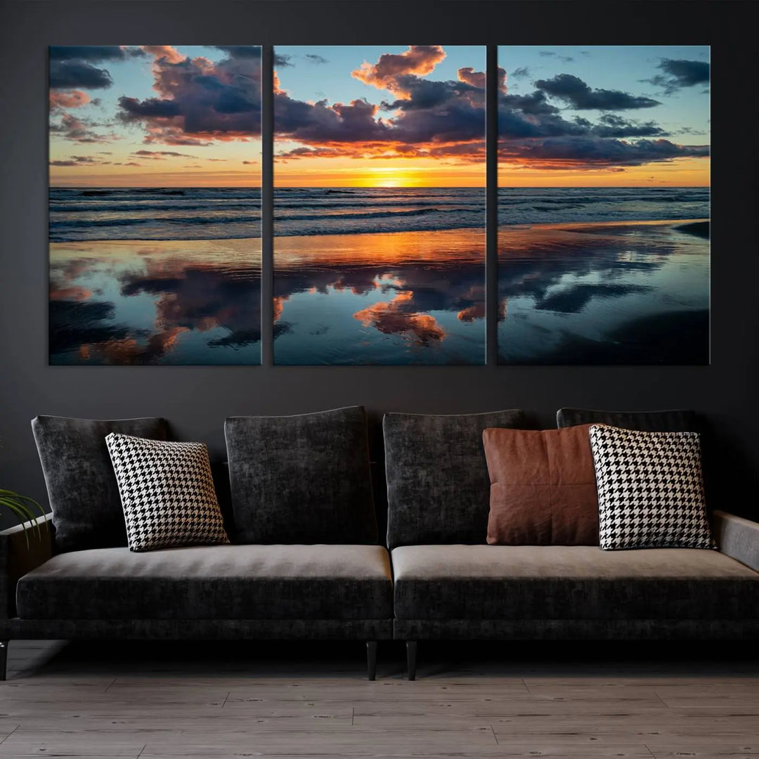 In the living room, the dramatic "Cloudy Weather At The Beach Wall Art Canvas Print" captures an ocean sunset with clouds and reflections on museum-quality canvases crafted in the USA. It features a UV-protective coating to ensure lasting vibrancy.