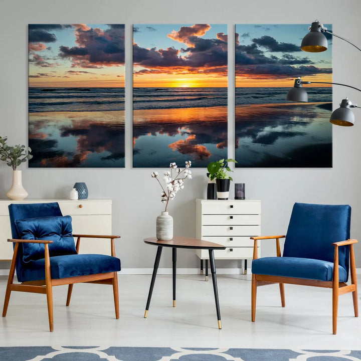 In the living room, the dramatic "Cloudy Weather At The Beach Wall Art Canvas Print" captures an ocean sunset with clouds and reflections on museum-quality canvases crafted in the USA. It features a UV-protective coating to ensure lasting vibrancy.