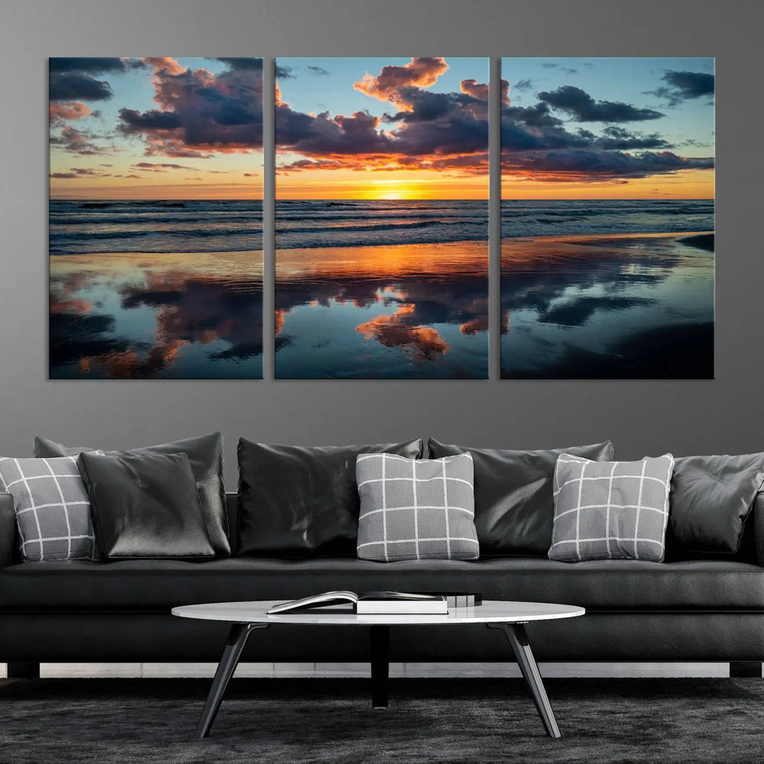 In the living room, the dramatic "Cloudy Weather At The Beach Wall Art Canvas Print" captures an ocean sunset with clouds and reflections on museum-quality canvases crafted in the USA. It features a UV-protective coating to ensure lasting vibrancy.