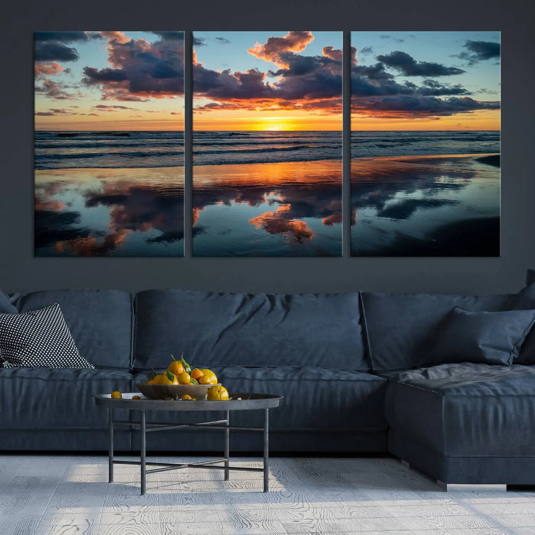 In the living room, the dramatic "Cloudy Weather At The Beach Wall Art Canvas Print" captures an ocean sunset with clouds and reflections on museum-quality canvases crafted in the USA. It features a UV-protective coating to ensure lasting vibrancy.