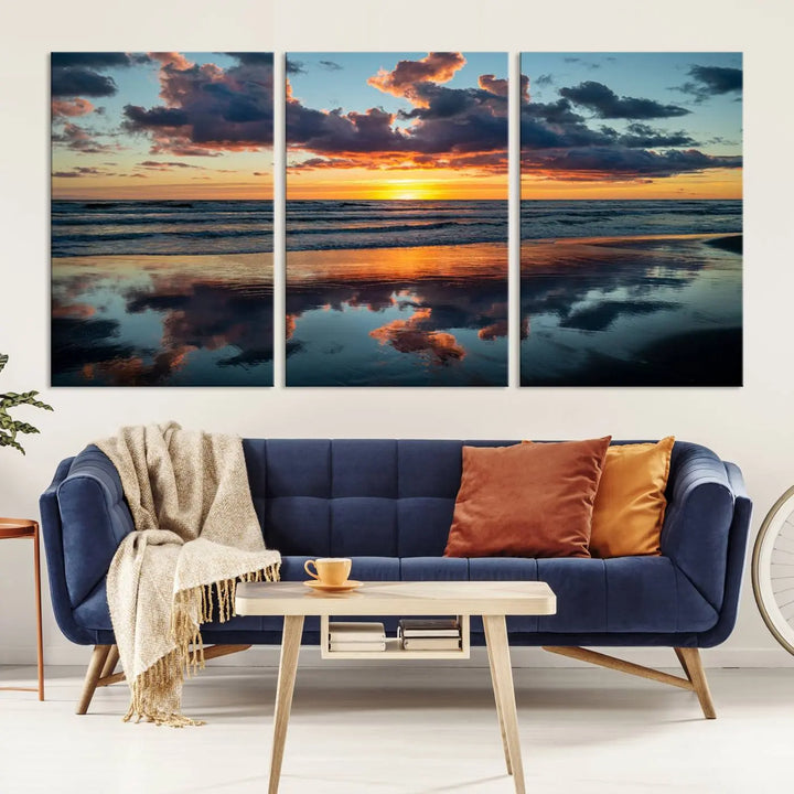 In the living room, the dramatic "Cloudy Weather At The Beach Wall Art Canvas Print" captures an ocean sunset with clouds and reflections on museum-quality canvases crafted in the USA. It features a UV-protective coating to ensure lasting vibrancy.