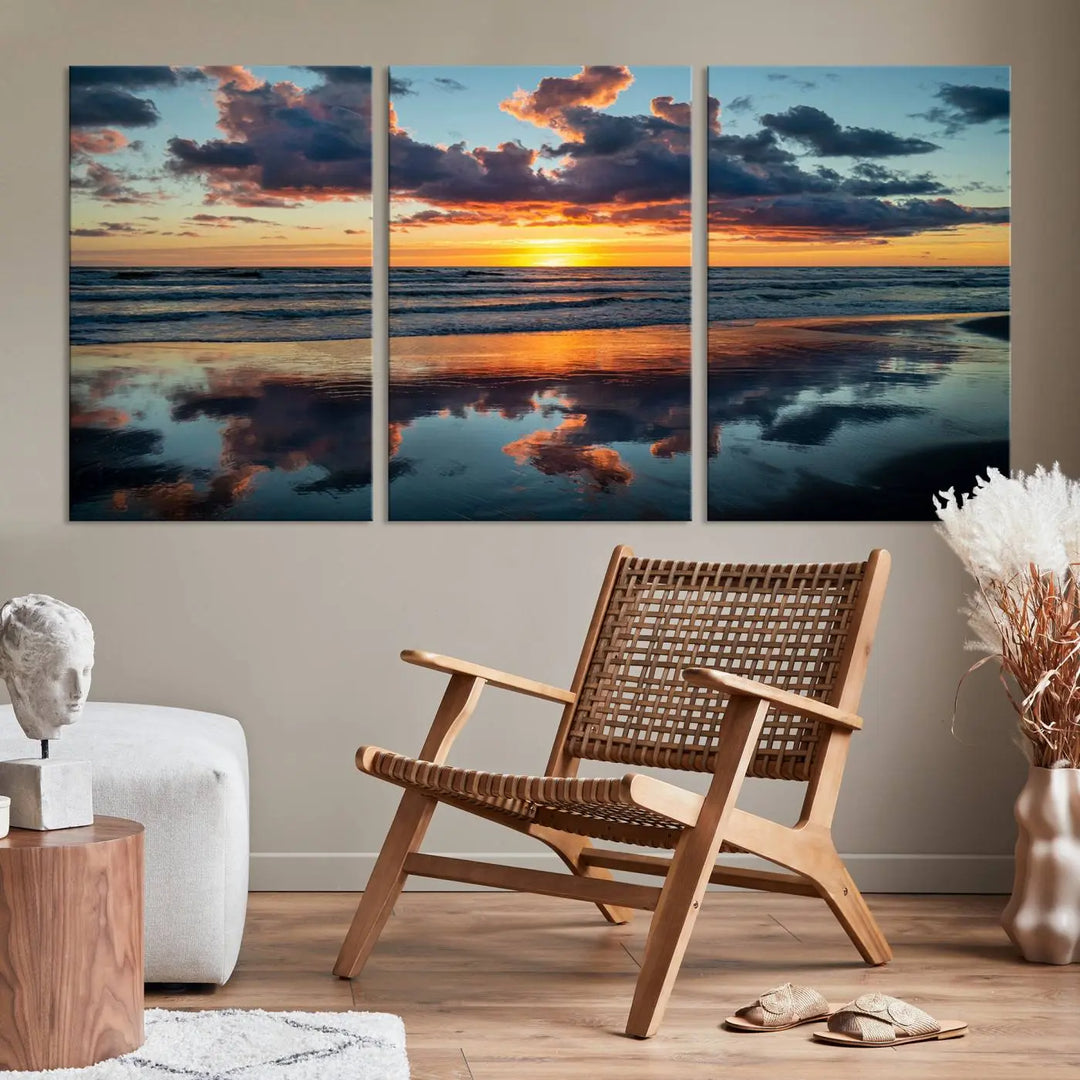 In the living room, the dramatic "Cloudy Weather At The Beach Wall Art Canvas Print" captures an ocean sunset with clouds and reflections on museum-quality canvases crafted in the USA. It features a UV-protective coating to ensure lasting vibrancy.