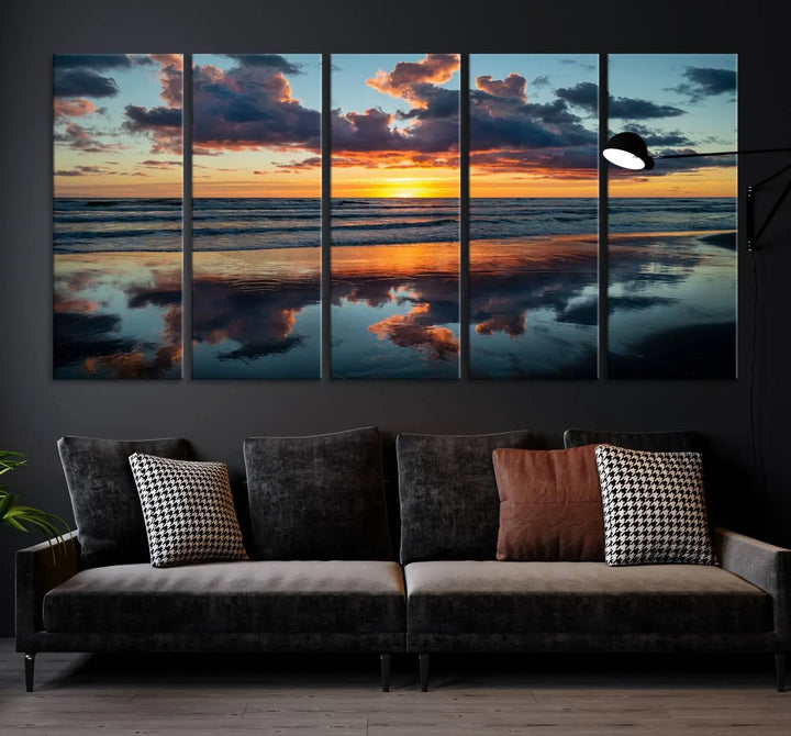 In the living room, the dramatic "Cloudy Weather At The Beach Wall Art Canvas Print" captures an ocean sunset with clouds and reflections on museum-quality canvases crafted in the USA. It features a UV-protective coating to ensure lasting vibrancy.