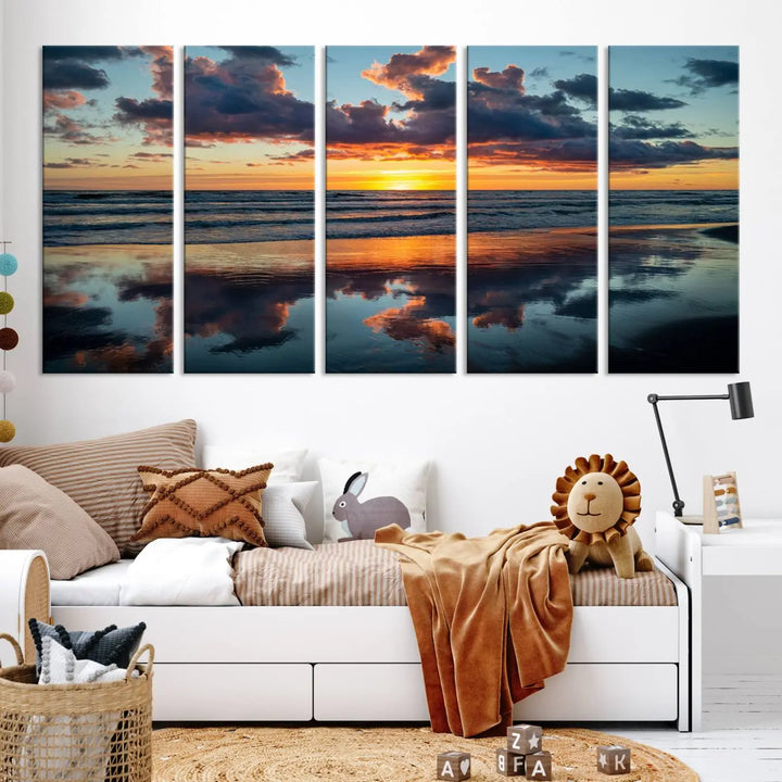 In the living room, the dramatic "Cloudy Weather At The Beach Wall Art Canvas Print" captures an ocean sunset with clouds and reflections on museum-quality canvases crafted in the USA. It features a UV-protective coating to ensure lasting vibrancy.