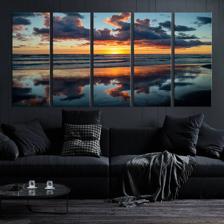 In the living room, the dramatic "Cloudy Weather At The Beach Wall Art Canvas Print" captures an ocean sunset with clouds and reflections on museum-quality canvases crafted in the USA. It features a UV-protective coating to ensure lasting vibrancy.