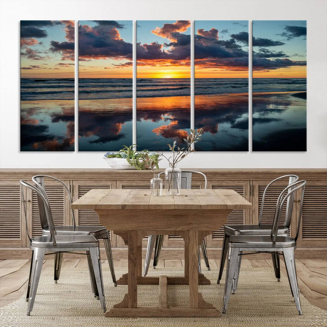 In the living room, the dramatic "Cloudy Weather At The Beach Wall Art Canvas Print" captures an ocean sunset with clouds and reflections on museum-quality canvases crafted in the USA. It features a UV-protective coating to ensure lasting vibrancy.