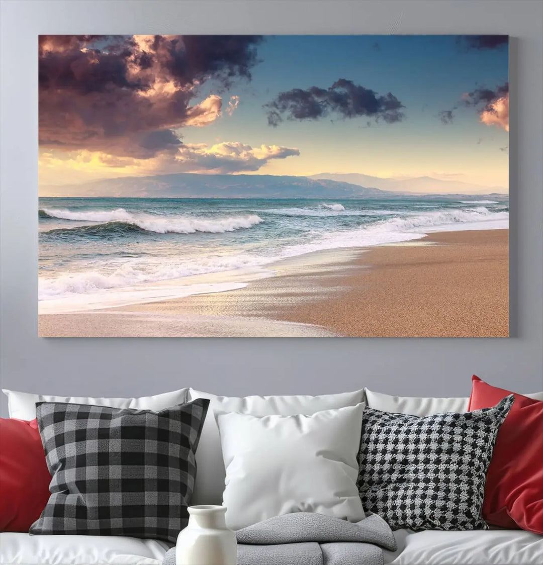 A breathtaking three-panel "Cloudy Weather Beach Sunset Canvas Print" enhances the dark wall, adding an elegant touch to the home decor. This artwork captures the serene beauty of beach sunsets during cloudy weather, infusing the room with tranquility.