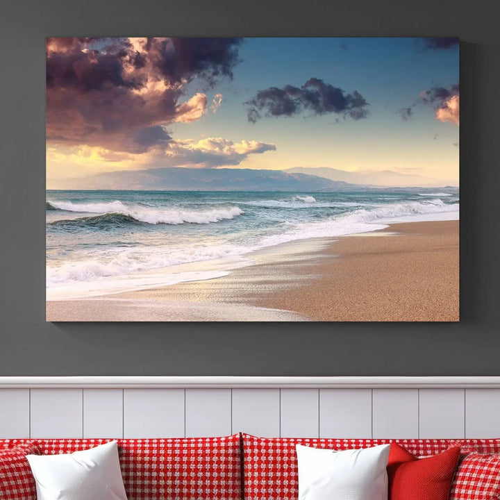 A breathtaking three-panel "Cloudy Weather Beach Sunset Canvas Print" enhances the dark wall, adding an elegant touch to the home decor. This artwork captures the serene beauty of beach sunsets during cloudy weather, infusing the room with tranquility.