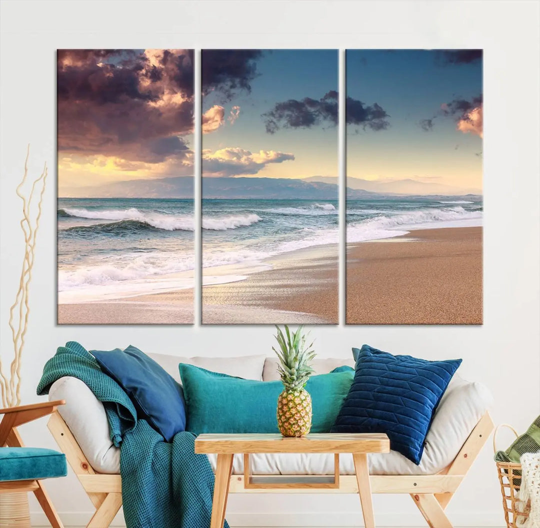 A breathtaking three-panel "Cloudy Weather Beach Sunset Canvas Print" enhances the dark wall, adding an elegant touch to the home decor. This artwork captures the serene beauty of beach sunsets during cloudy weather, infusing the room with tranquility.