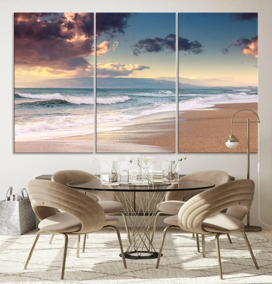 A breathtaking three-panel "Cloudy Weather Beach Sunset Canvas Print" enhances the dark wall, adding an elegant touch to the home decor. This artwork captures the serene beauty of beach sunsets during cloudy weather, infusing the room with tranquility.