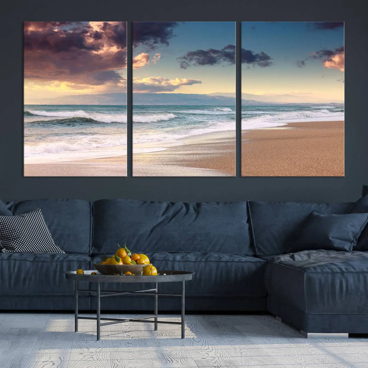 A breathtaking three-panel "Cloudy Weather Beach Sunset Canvas Print" enhances the dark wall, adding an elegant touch to the home decor. This artwork captures the serene beauty of beach sunsets during cloudy weather, infusing the room with tranquility.