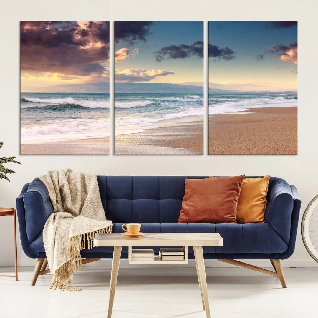 A breathtaking three-panel "Cloudy Weather Beach Sunset Canvas Print" enhances the dark wall, adding an elegant touch to the home decor. This artwork captures the serene beauty of beach sunsets during cloudy weather, infusing the room with tranquility.