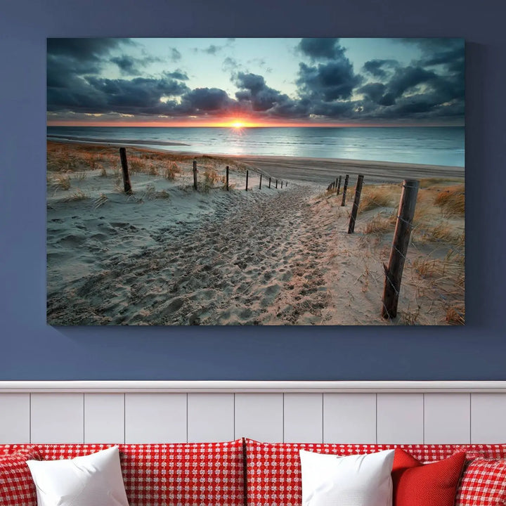 The modern living room features the Cloudy Weather Sunset Beach Wall Art Canvas Print. This museum-quality canvas adds a touch of sophistication with its hand-assembled framed art, ensuring lasting elegance. Enjoy free shipping on this exquisite piece.