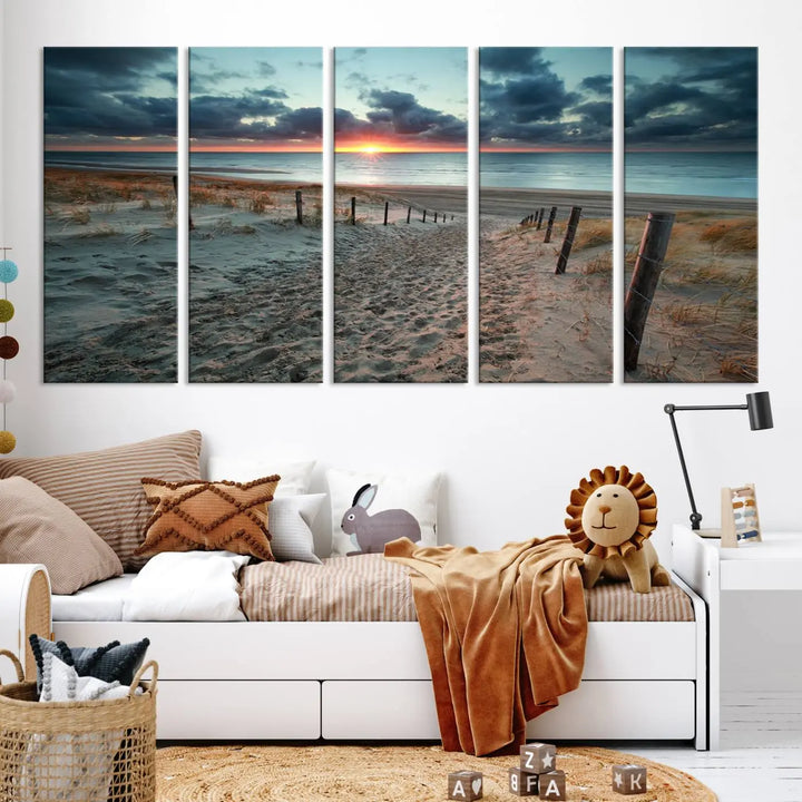 The modern living room features the Cloudy Weather Sunset Beach Wall Art Canvas Print. This museum-quality canvas adds a touch of sophistication with its hand-assembled framed art, ensuring lasting elegance. Enjoy free shipping on this exquisite piece.