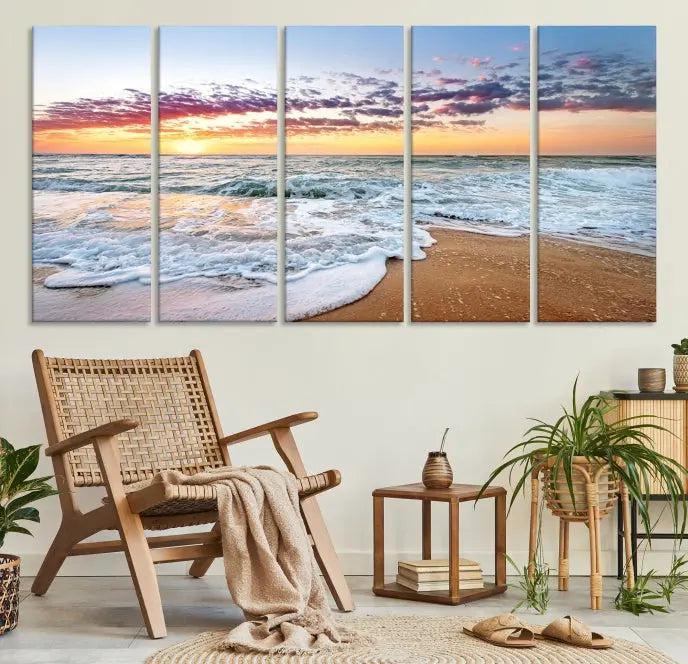 The living room features the Coastal Sunset Art Beach Canvas Wall Art Print, a large 3-panel seascape that beautifully depicts ocean waves during a beach sunset.