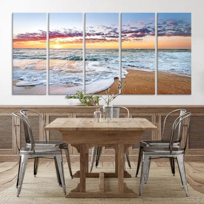 The living room features the Coastal Sunset Art Beach Canvas Wall Art Print, a large 3-panel seascape that beautifully depicts ocean waves during a beach sunset.